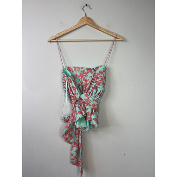 NWT Amur Spaghetti Straps Everett Bow Peplum Cropped Top Miami Sky Botanical - Picture 7 of 8